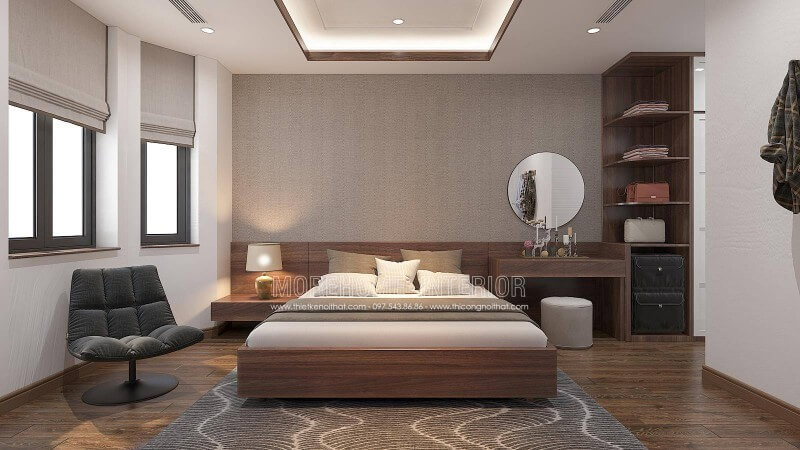 Phòng ngủ tại nhà phố hay biệt thự của bạn không được vuông vắn, bạn vẫn có thể tận dụng lợi thế đó để tạo khoảng thư giãn với chiếc ghế thư giãn êm ái cùng luồng sáng tự nhiên bên cạnh 2 ô cửa luôn chào đón nguồn sinh khí tinh túy từ tự nhiên.  Thiết kế nội thất biệt thự