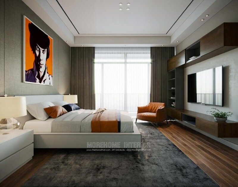 Trang trí nội thất phòng ngủ ấn tượng với hệ cửa lớn cùng rèm 2 lớp vừa tận dụng tối đa ánh sáng tự nhiên nhưng vẫn giúp căn phòng chống lại sức nóng oi ả ngày hè hiệu quả.